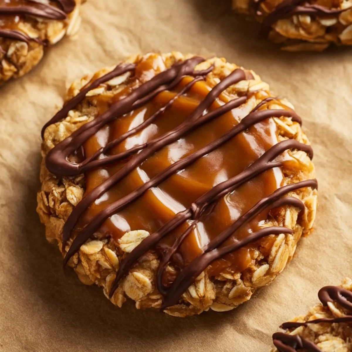 Close-up of peanut butter cookie topped with glossy caramel and diagonal dark chocolate drizzle, with crushed peanuts pressed into the edges, on parchment paper with additional cookies blurred in background