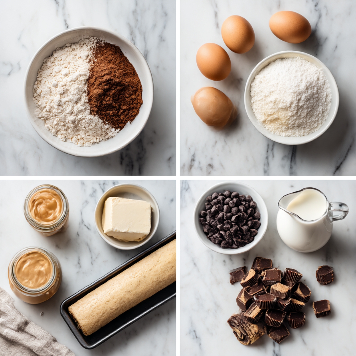 Ingredients for Peanut Butter Cup Chocolate Roll arranged in a 4-panel flat lay on a white marble kitchen counter.