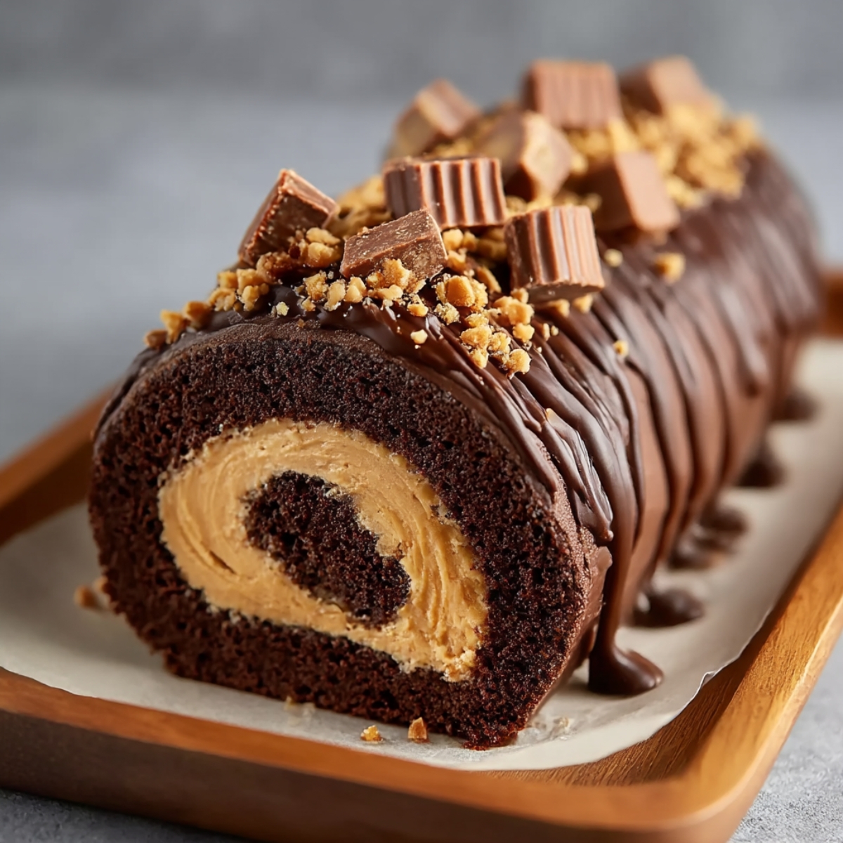 Chocolate roll cake on wooden serving board, filled with peanut butter cream in spiral pattern, frosted with chocolate ganache and topped with chopped Reese's peanut butter cups and crushed peanut butter pieces, sliced end showing swirl interior