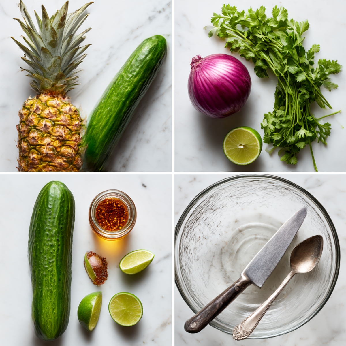 Ingredients for Pineapple Cucumber Salad arranged in a 4-panel flat lay on a white marble kitchen counter.
