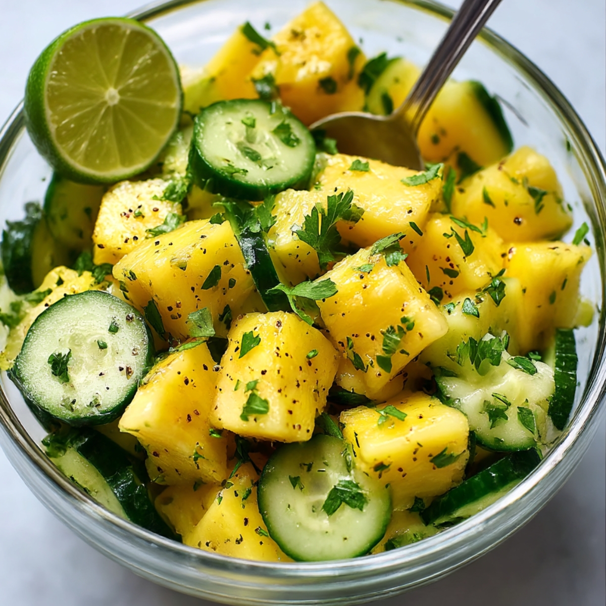 Fresh pineapple cucumber salad in a clear glass bowl with juicy pineapple chunks, sliced cucumbers, chopped herbs, cracked black pepper, and a lime half on the rim, with a spoon inside the bowl.