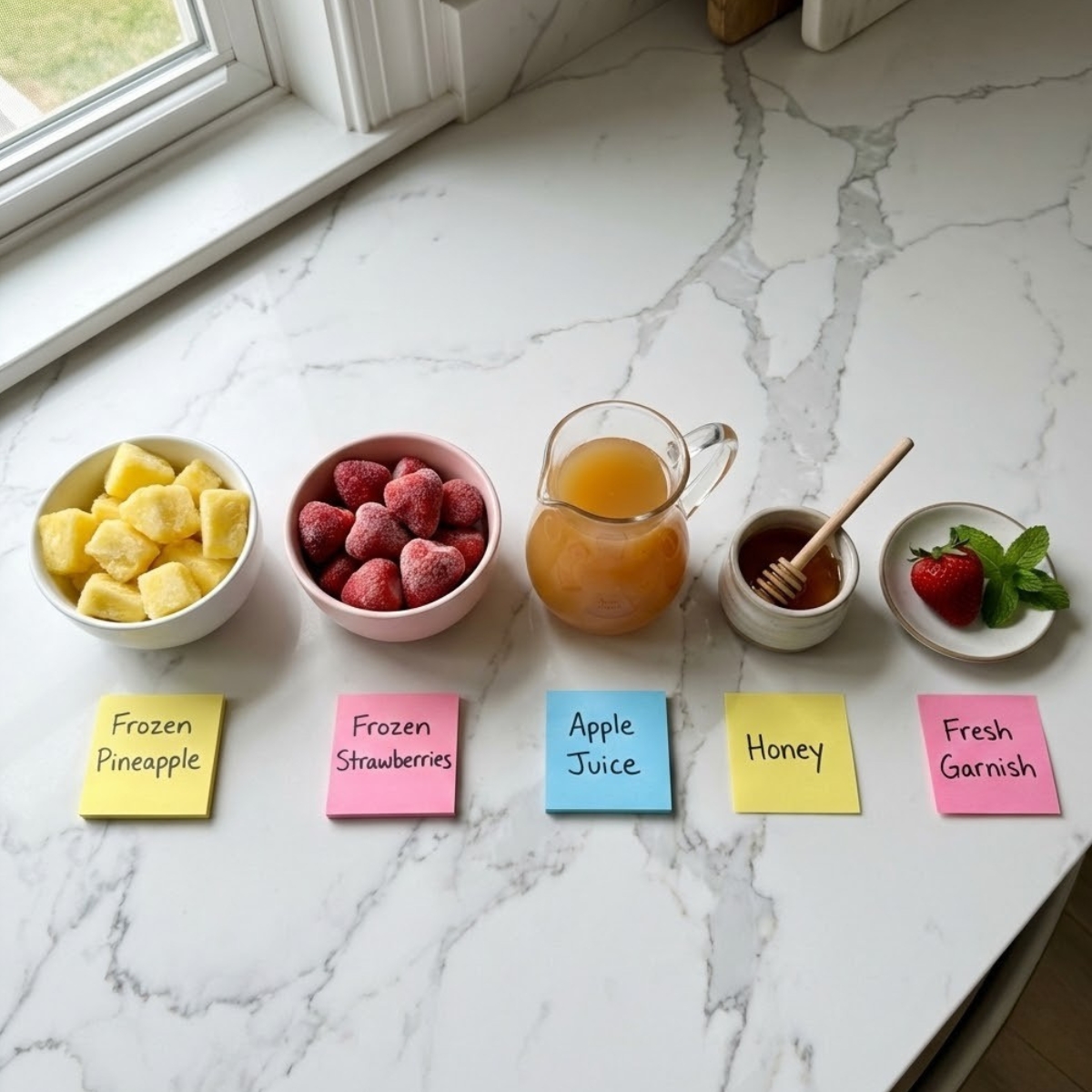 Overhead view of slushie ingredients including frozen fruit, juice, and honey organized in bowls with sticky note labels on a marble counter.