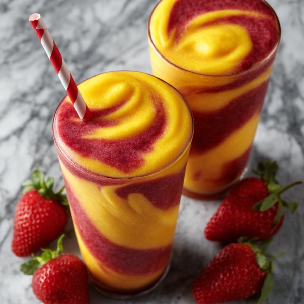 Two tall glasses of pineapple strawberry swirled slushies with dramatic yellow and red marbled pattern throughout, one with red and white striped straw, surrounded by fresh strawberries on gray marble surface