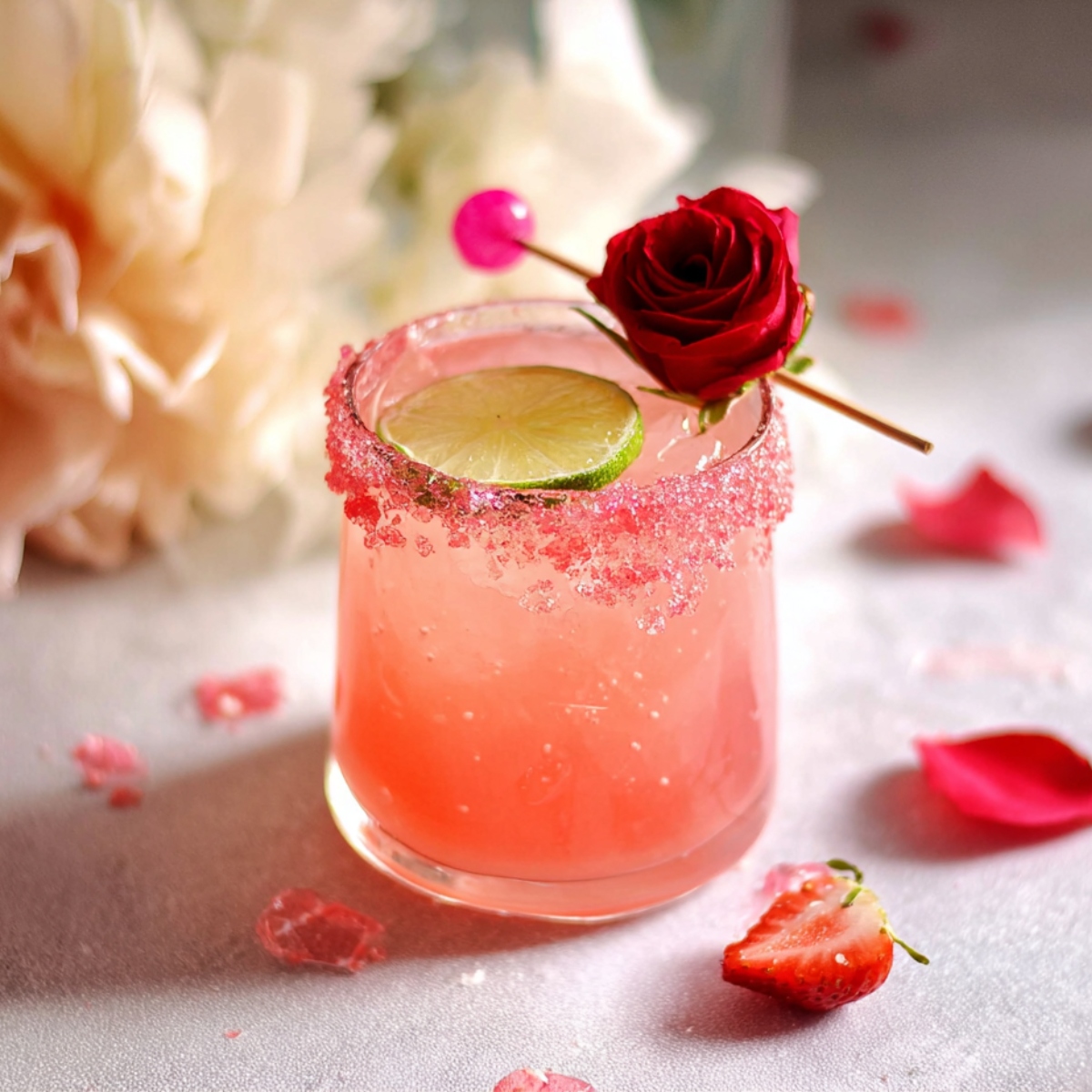 Pink margarita in rocks glass with sparkling pink sugar rim, garnished with lime wheel, red rose, and pink cocktail pick, with fresh strawberry and rose petals nearby and cream-colored flowers in soft-focus background