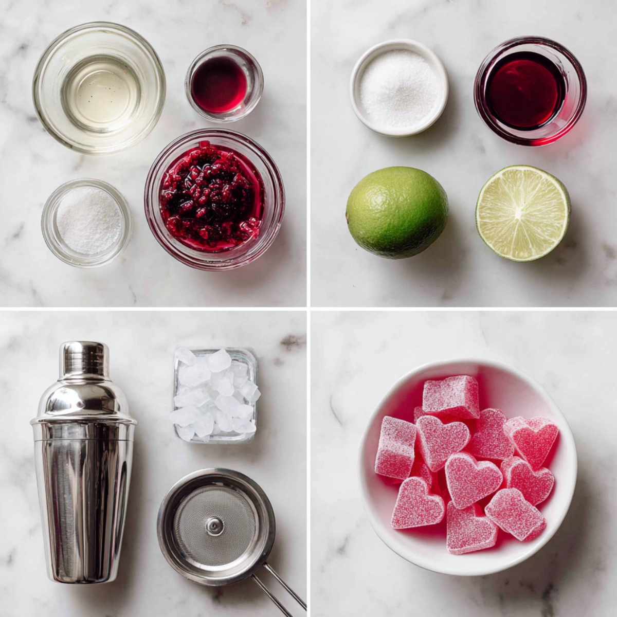 Ingredients for Pink Sweetie Valen-Tini arranged in a 4-panel flat lay on a white marble kitchen counter.