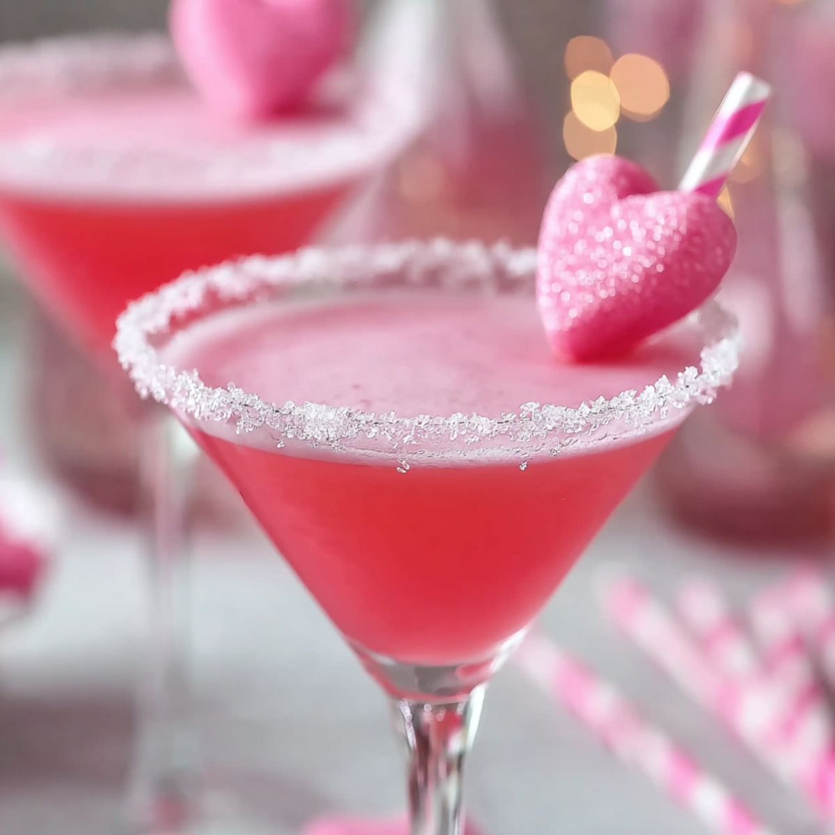 Valentine's Day Pink Sweetie Valen-Tini cocktail in a classic martini glass, filled with a vibrant coral-pink drink. The rim is coated with sparkling white sugar crystals, and the drink is garnished with a pink heart-shaped candy lollipop covered in white sugar sprinkles and a pink-and-white striped paper straw. The background is softly blurred, showing additional pink martinis and warm golden bokeh lights, with pink striped straws and decorative elements visible on a light surface.