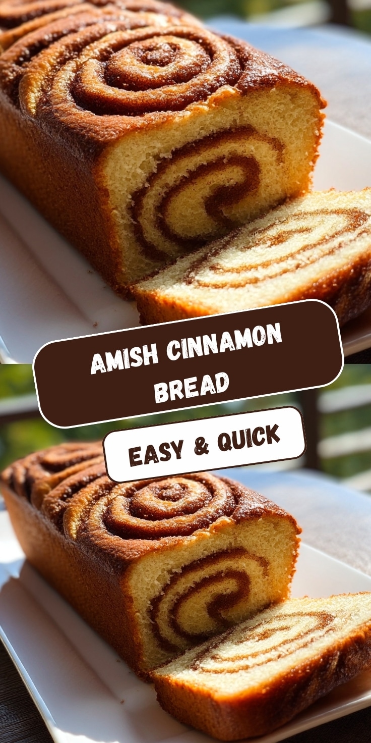 Amish cinnamon bread loaves with decorative cinnamon-sugar swirl pattern on top, sliced to show internal spiral of cinnamon throughout golden yellow cake, displayed on white platters outdoors