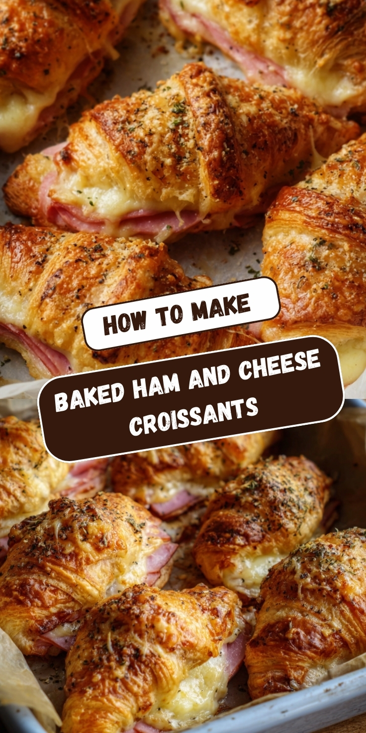 A split-screen social media graphic featuring two photos of freshly baked ham and cheese croissants. Both images show golden, flaky croissants sliced open and generously filled with folded pink ham and melted white cheese. The tops of the croissants are crusty and sprinkled with herbs and grated cheese. Overlaid in the center of the image are two banners: a white banner with dark brown text reading "HOW TO MAKE", sitting just above a dark brown banner with white text reading "BAKED HAM AND CHEESE CROISSANTS".