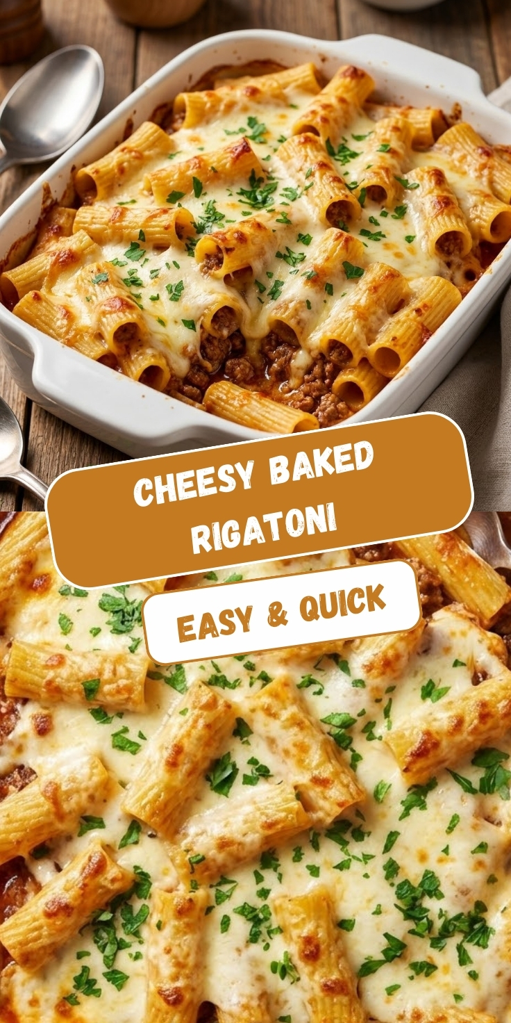 Cheesy baked rigatoni in white baking dish and on plate, showing pasta tubes stuffed with beef ragu, covered in golden melted mozzarella cheese and garnished with fresh parsley