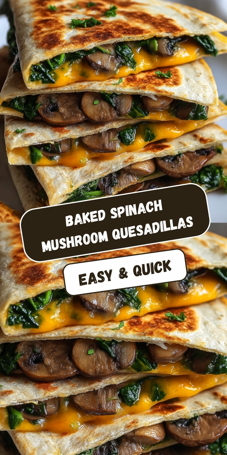 Stacked baked spinach mushroom quesadillas with golden brown crispy tortillas, melted cheddar cheese, sautéed mushrooms, and wilted spinach, garnished with fresh parsley