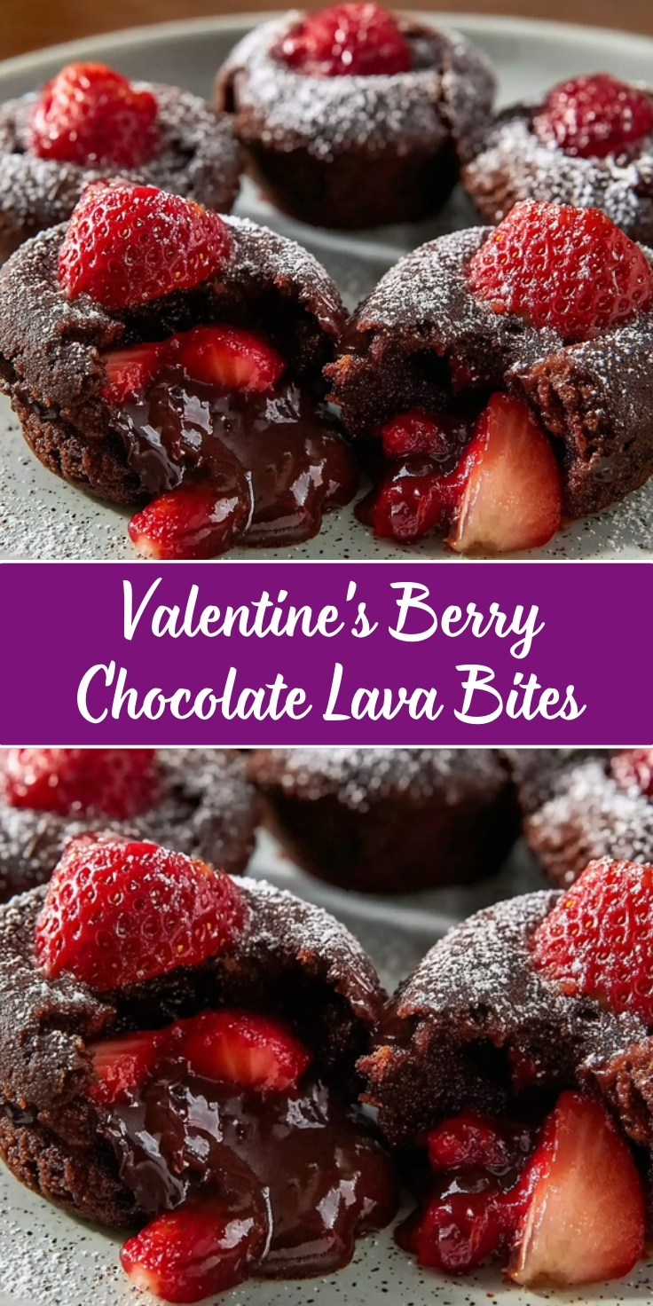 Valentine's Berry Chocolate Lava Bites arranged on a gray plate, showing individual chocolate lava cakes dusted with powdered sugar, topped with fresh strawberries and raspberries, with molten chocolate center flowing out alongside sliced strawberries