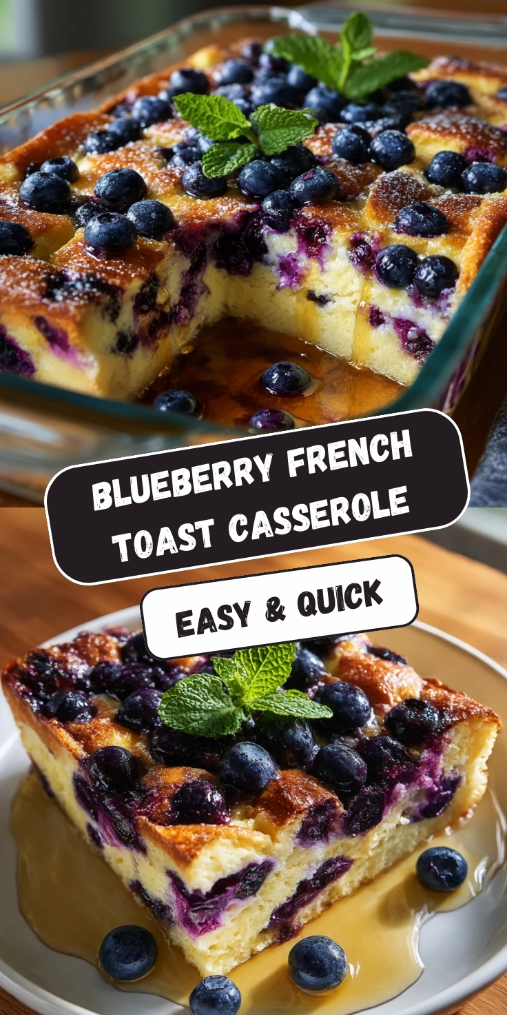 Blueberry French toast casserole in a baking dish and plated slice, showing golden-brown custard studded with fresh blueberries, topped with powdered sugar, mint garnish, and maple syrup