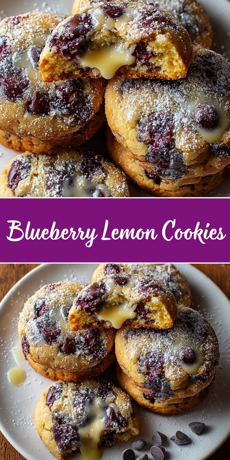 Stacked blueberry lemon cookies dusted with powdered sugar, one cookie broken in half revealing lemon curd filling oozing out, studded with fresh blueberries throughout the golden cookie dough