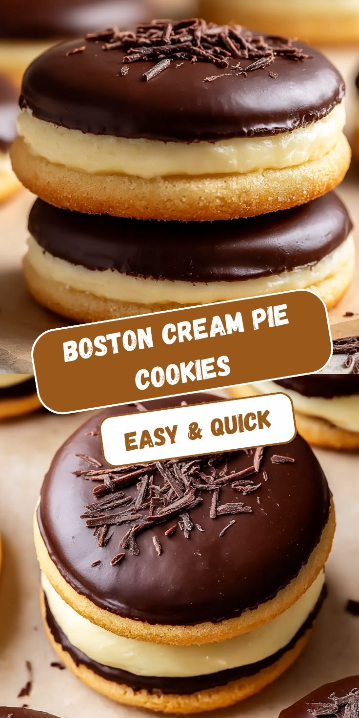 Boston cream pie cookies stacked with golden sugar cookie base, thick vanilla pastry cream filling, glossy dark chocolate ganache topping, and chocolate shavings garnish on neutral surface