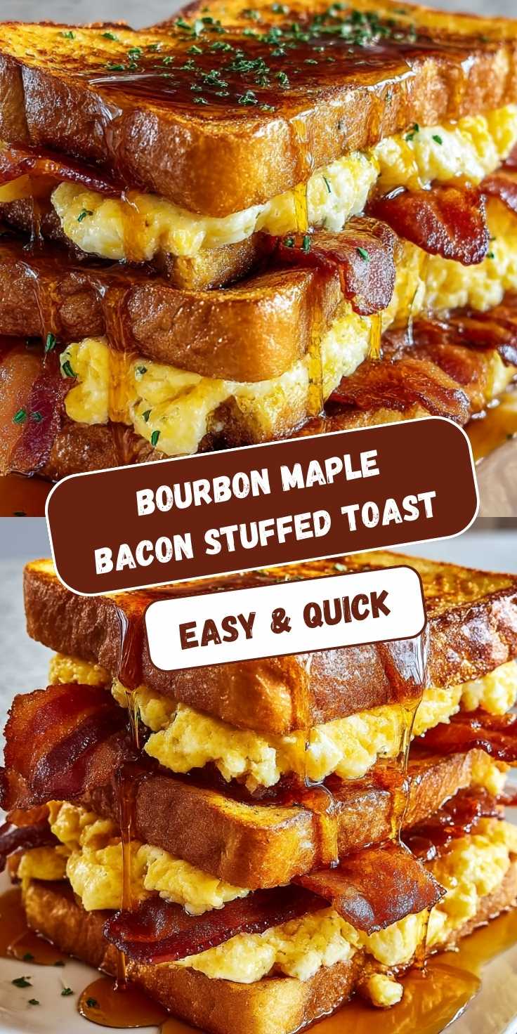 Stacked bourbon maple bacon stuffed French toast with thick golden-brown brioche slices, fluffy scrambled eggs, crispy bacon, drizzled with bourbon maple syrup, garnished with fresh parsley