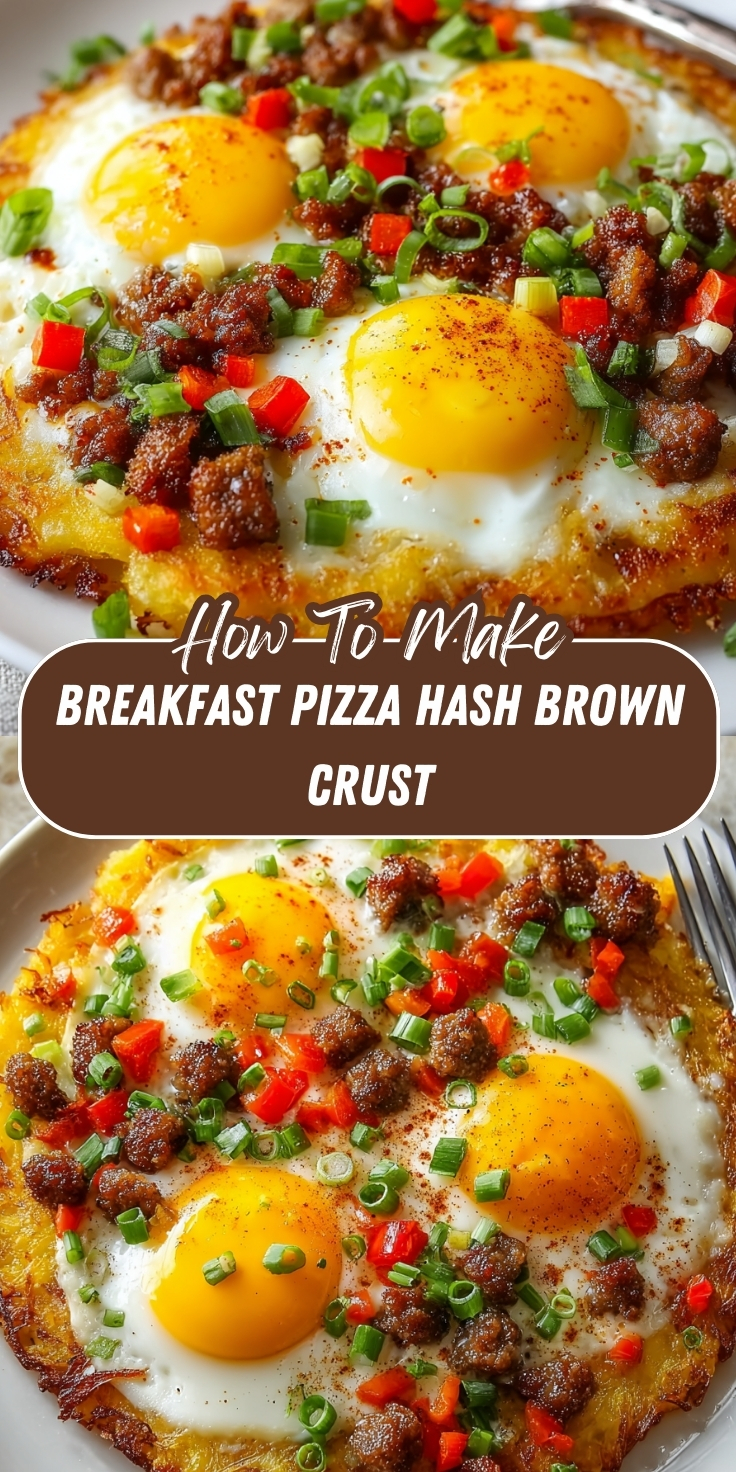 Pinterest recipe graphic showing two close-up photos of a breakfast pizza with hash brown crust — a crispy golden hash brown base topped with sunny-side-up eggs, crumbled sausage, diced red bell peppers, sliced green onions, and a dusting of paprika, with text overlay reading 'How-To-Make Breakfast Pizza Hash Brown Crust.