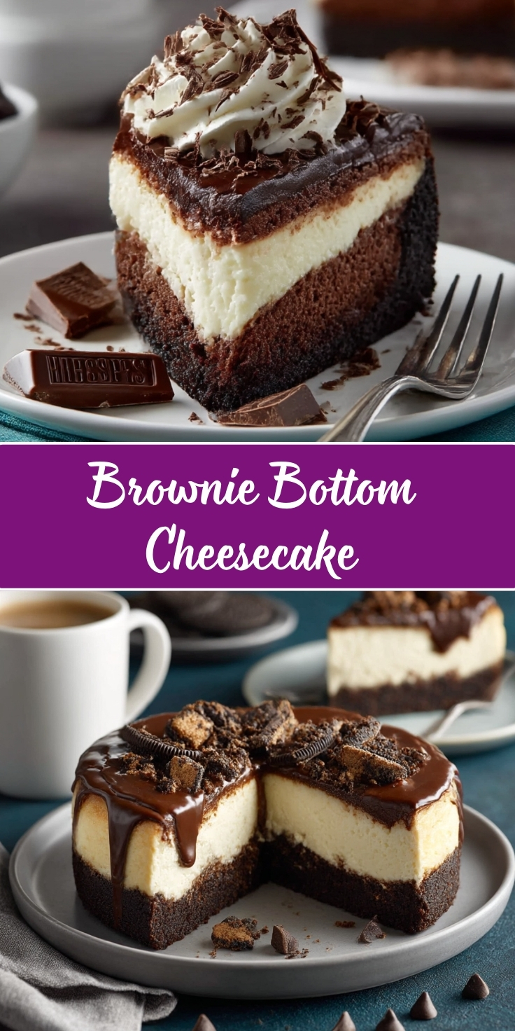 Layered brownie bottom cheesecake with fudgy brownie base, creamy white cheesecake layer, topped with chocolate ganache, whipped cream rosettes, and chocolate shavings, displayed as individual slice on white plate with Hershey's chocolate pieces and fork, and whole cake with slice removed showing layers