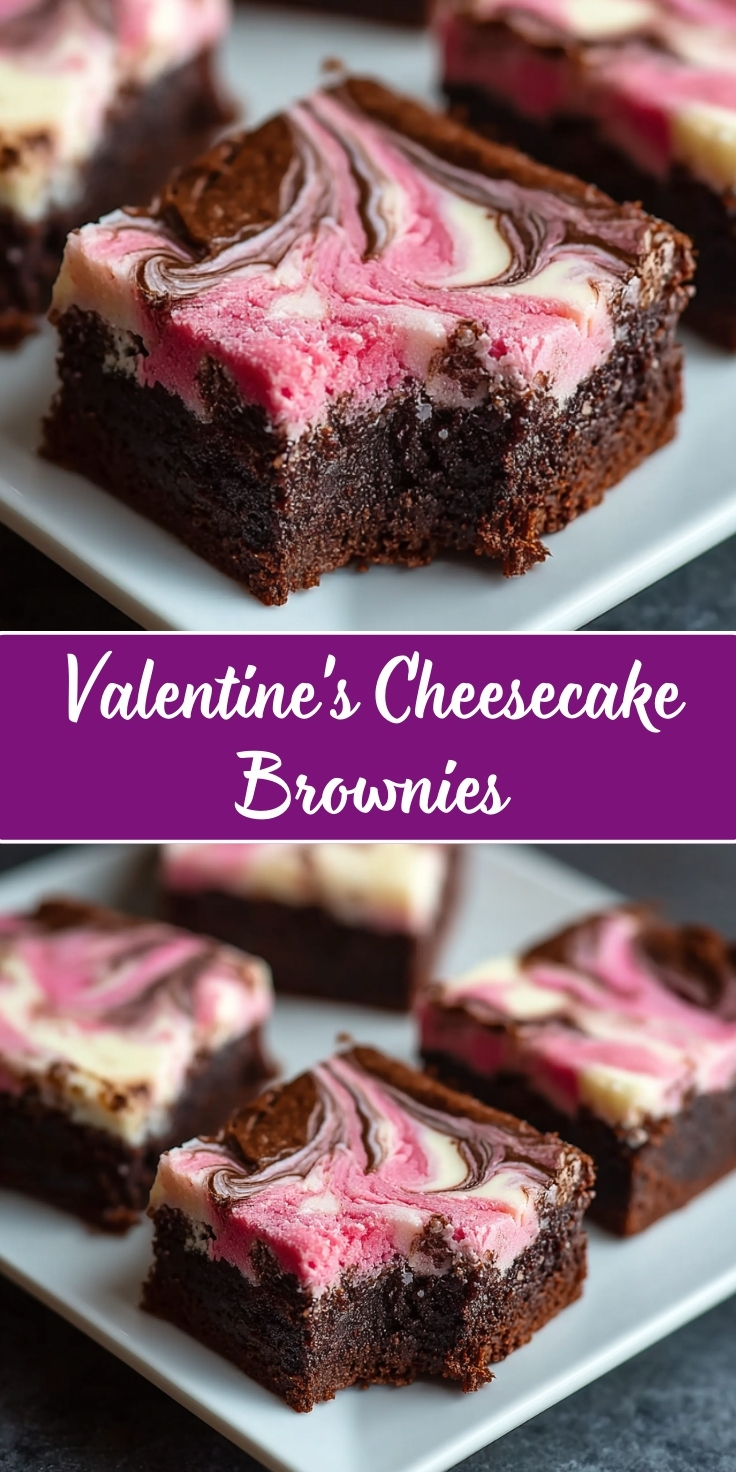 Valentine's Cheesecake Brownies featuring a rich fudgy chocolate brownie base topped with swirled pink, white, and chocolate cheesecake in a decorative marbled pattern, cut into squares and served on a white plate
