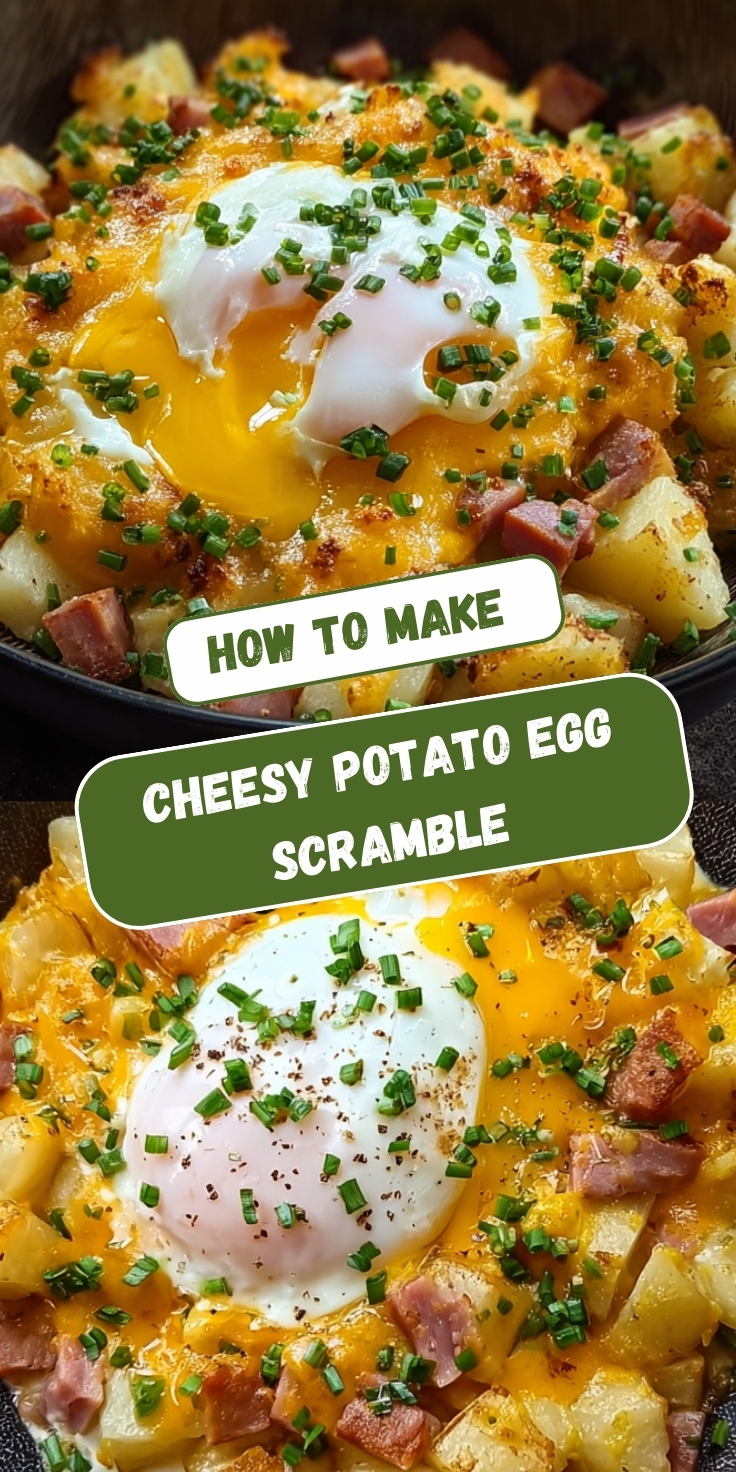 A split-screen social media graphic showing two close-up photos of a breakfast dish. The dish consists of cooked diced potatoes, cubed ham, and melted cheddar cheese, topped with a soft-cooked egg and garnished with fresh chives and black pepper. In the top photo, the bright yellow egg yolk is broken and runny. Overlaid in the center of the image are two green banners with white text that reads, "HOW TO MAKE" and "CHEESY POTATO EGG SCRAMBLE".