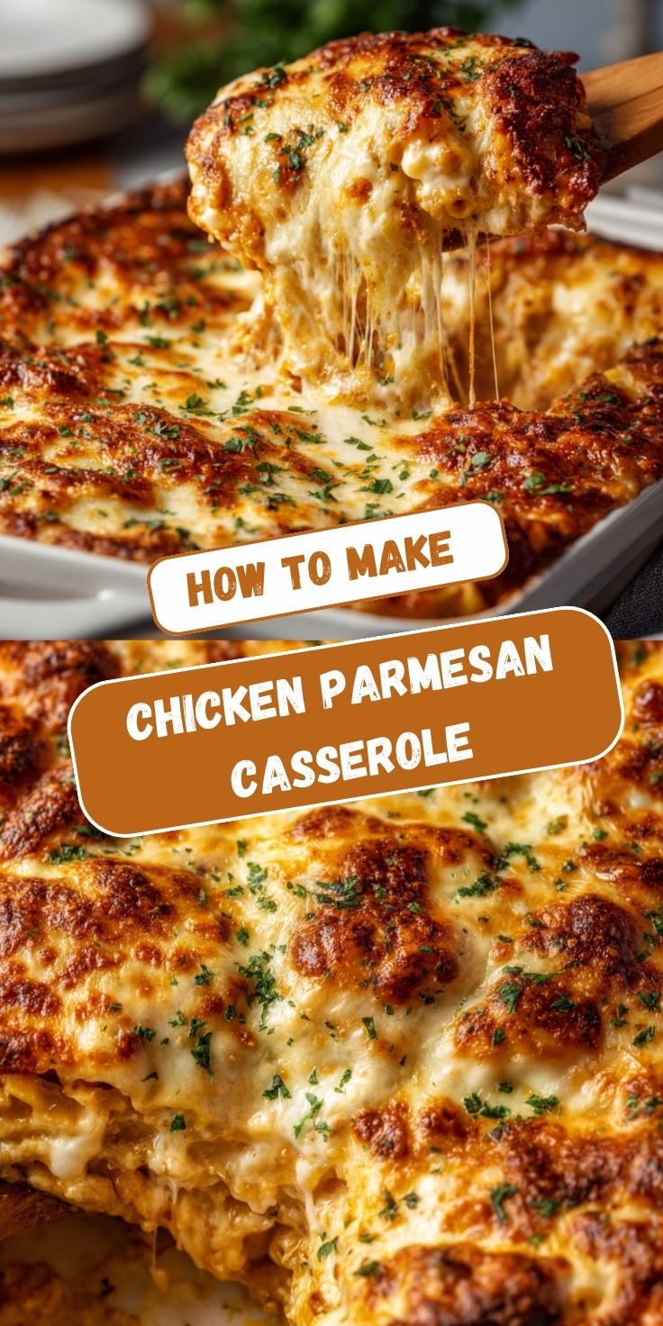 Chicken Parmesan casserole in a baking dish with golden-brown bubbling cheese on top, being served with a wooden spoon showing dramatic cheese pull, garnished with fresh parsley, revealing layers of breaded chicken and pasta beneath