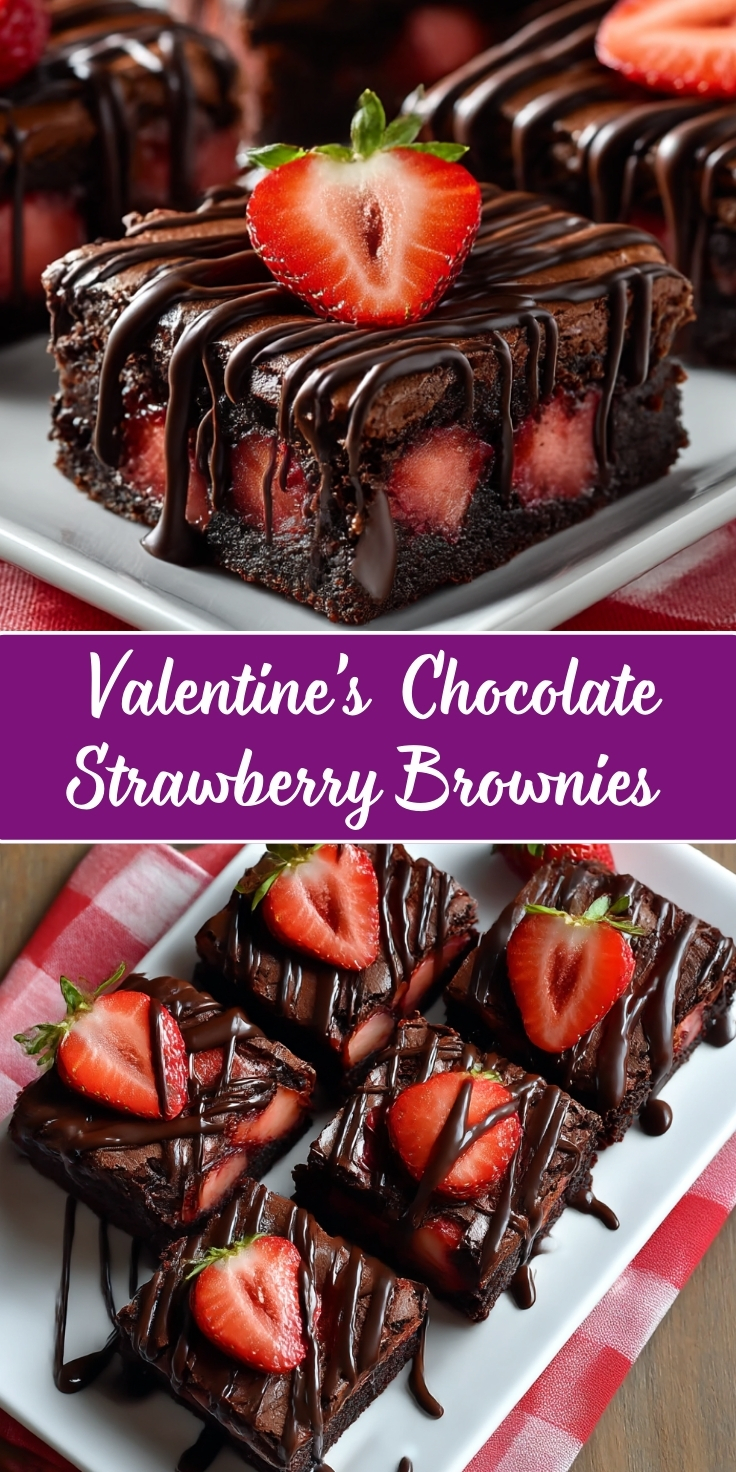 Fudgy chocolate brownies topped with fresh sliced strawberries and drizzled with dark chocolate ganache, arranged on white rectangular plates with red striped napkins