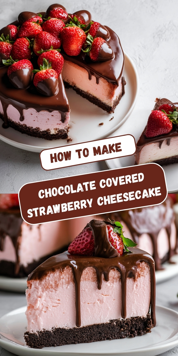 Chocolate covered strawberry cheesecake with dark chocolate Oreo crust, pink strawberry cheesecake filling, chocolate ganache drip, topped with chocolate-dipped fresh strawberries, shown whole and as a slice on white plates on marble surface