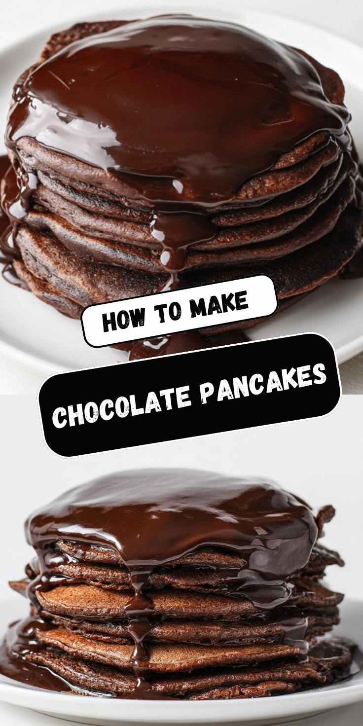 Stack of rich chocolate pancakes on white plates, dripping with glossy dark chocolate ganache sauce cascading down the sides, showing fluffy cocoa-infused texture