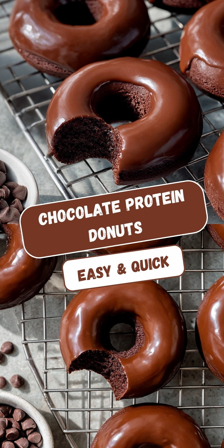 Chocolate protein donuts with a glossy chocolate glaze cooling on a wire rack, some with a bite taken out, alongside chocolate chips, with overlaid text reading “Chocolate Protein Donuts” and “Easy & Quick.