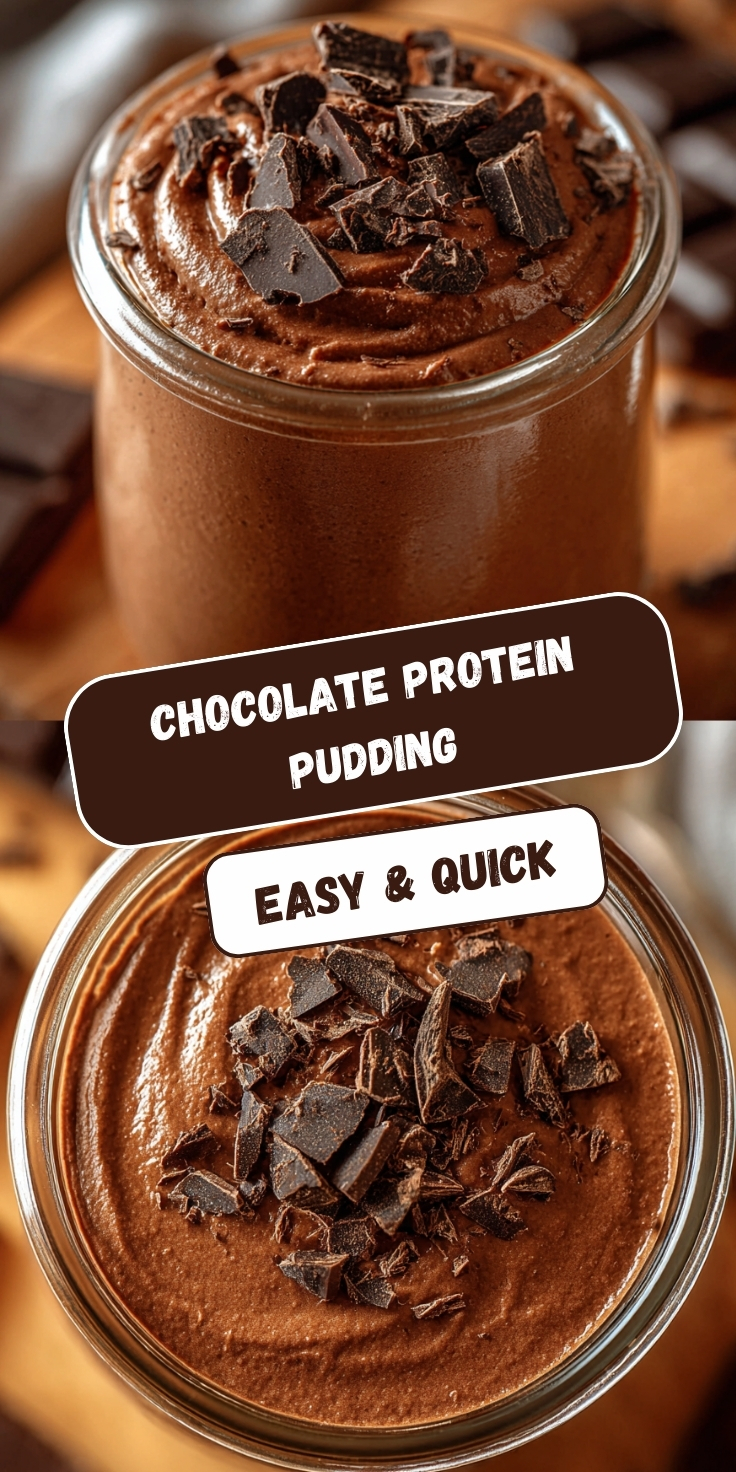 Chocolate protein pudding in glass jars with smooth, creamy texture, piped swirl pattern on top, garnished with dark chocolate shavings and chunks