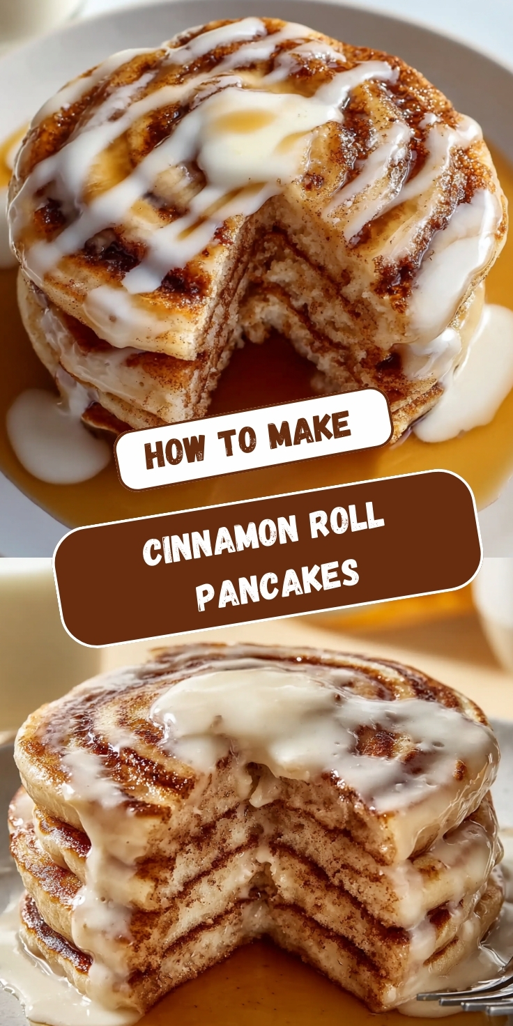 Cinnamon roll pancakes shown stacked and sliced, featuring fluffy buttermilk pancakes with cinnamon sugar swirl pattern throughout, drizzled with cream cheese glaze, on white plates with maple syrup