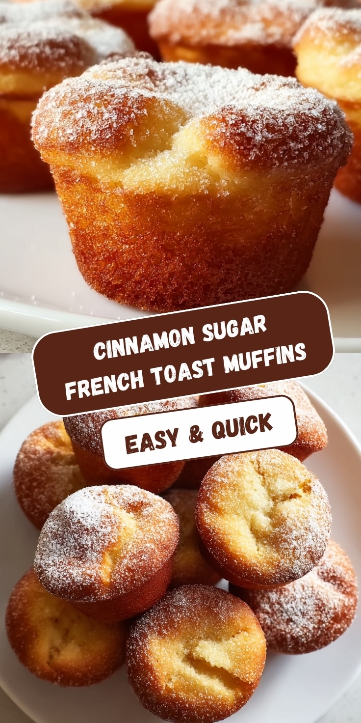 Cinnamon sugar French toast muffins with golden-brown exteriors coated in cinnamon sugar and dusted with powdered sugar, stacked on a white plate, showing fluffy interior texture