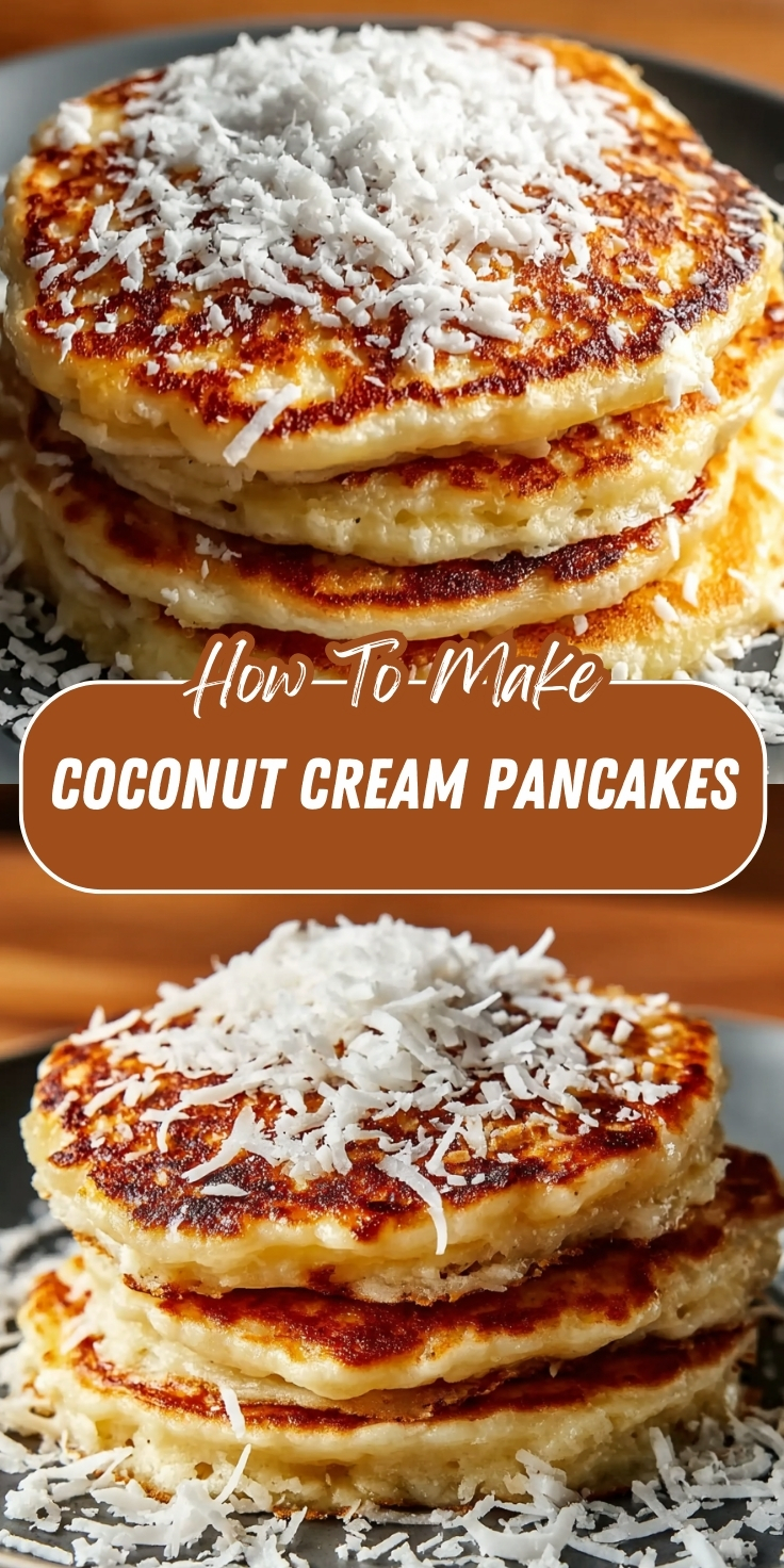 Pinterest recipe graphic showing two close-up photos of stacked coconut cream pancakes — thick, golden-brown pan-seared pancakes piled high and generously topped with shredded coconut flakes, served on a dark plate, with text overlay reading 'How-To-Make Coconut Cream Pancakes.
