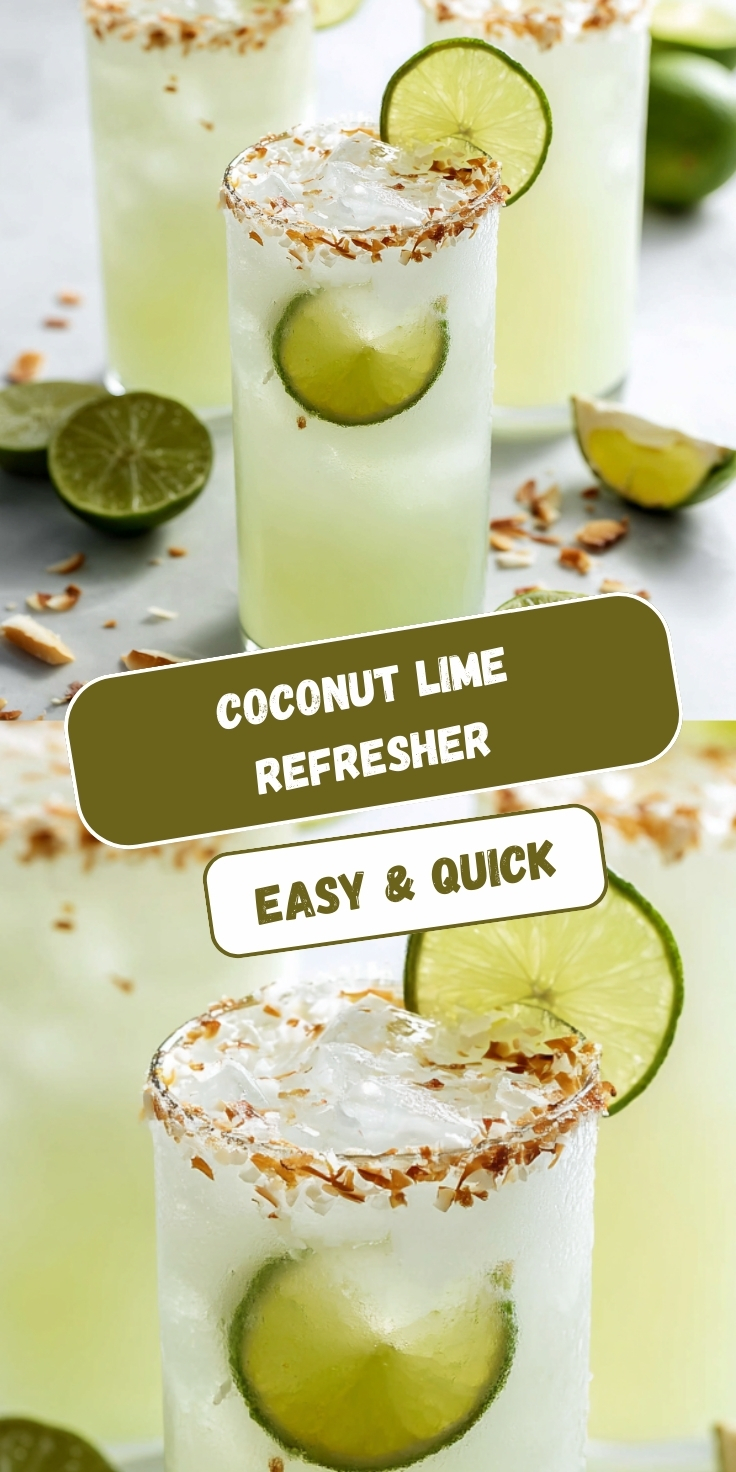 Coconut lime refresher drinks in tall glasses with toasted coconut rim, filled with pale lime-green beverage, fresh lime slices, and crushed ice on a white surface scattered with toasted coconut flakes