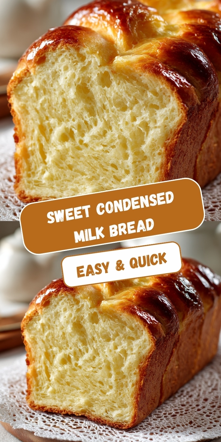 Sweet condensed milk bread loaf with shiny golden-brown crust, sliced to reveal soft, fluffy, and pillowy interior crumb, shown whole and as a single slice on a lace doily