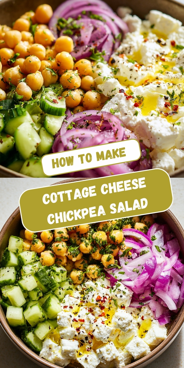 Cottage cheese chickpea salad bowl with sections of creamy cottage cheese drizzled with olive oil, chickpeas, diced cucumbers, sliced red onions, and fresh herbs including parsley and dill, seasoned with black pepper and red pepper flakes