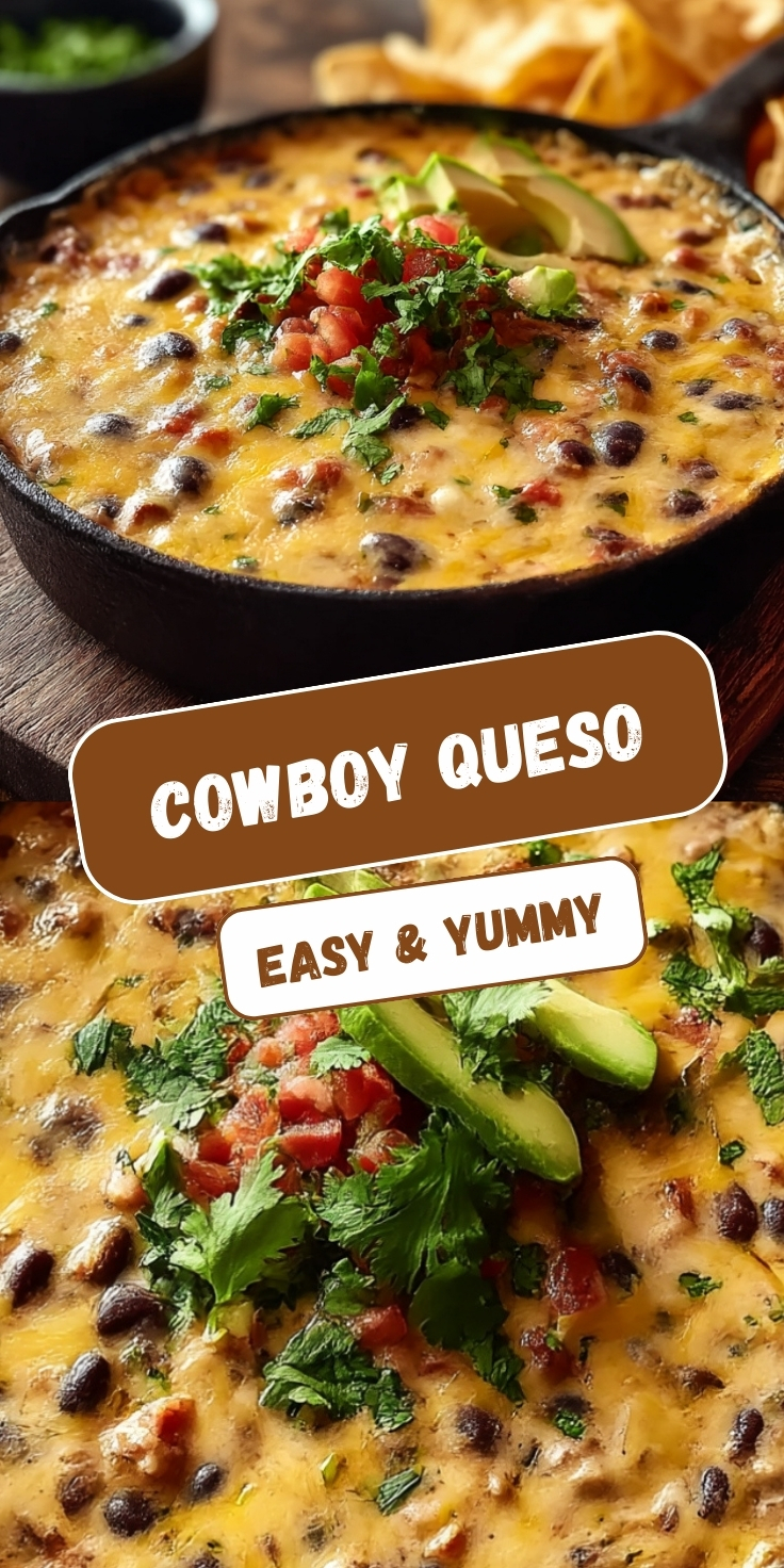 A vertical graphic featuring a cast-iron skillet filled with hot, melted cheese dip mixed with black beans. The dip is garnished with fresh chopped cilantro, diced tomatoes, and slices of avocado. Tortilla chips are visible in the blurred background. Text overlays read 'COWBOY QUESO' and 'EASY & YUMMY'.