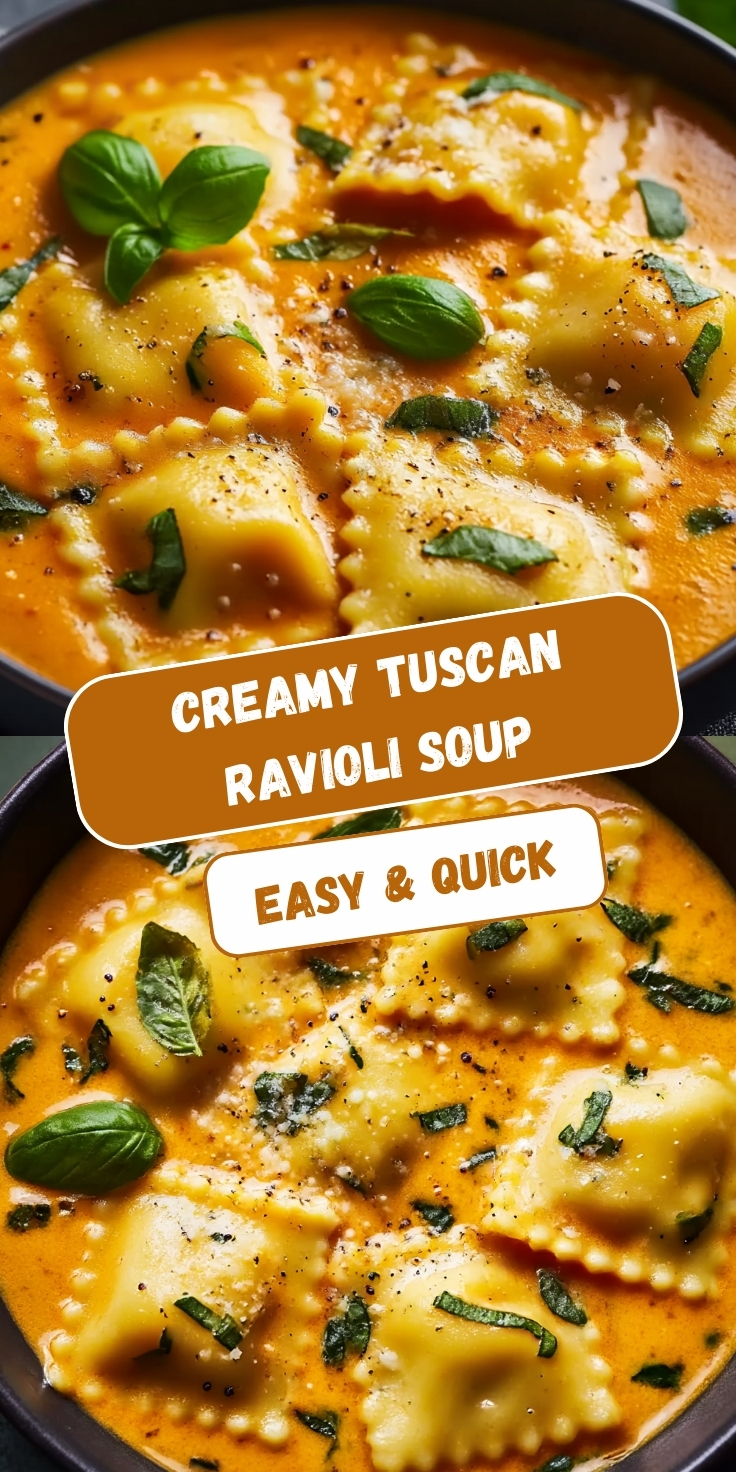 Creamy Tuscan ravioli soup in dark bowl with cheese-filled ravioli in rich orange tomato cream broth, topped with grated Parmesan cheese, fresh basil leaves, and black pepper