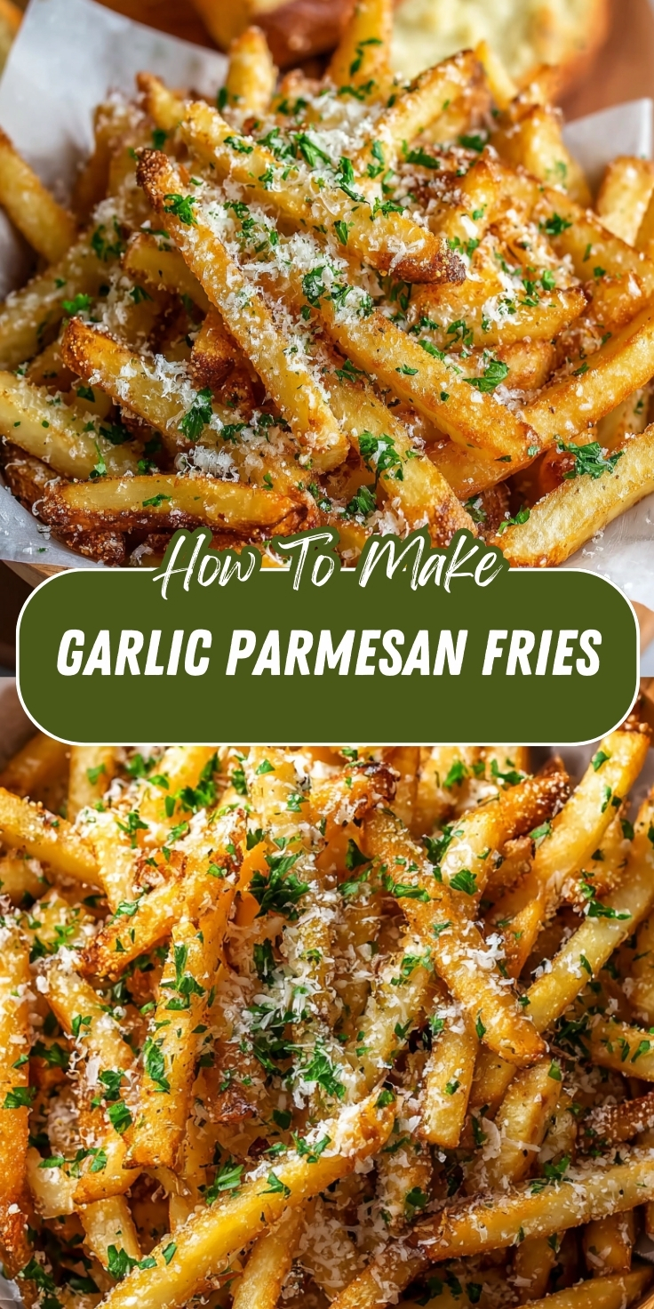 Pinterest recipe graphic showing two close-up photos of crispy golden air fryer french fries generously topped with shredded parmesan cheese and chopped fresh parsley, with text overlay reading 'How-To-Make Garlic Parmesan Fries.