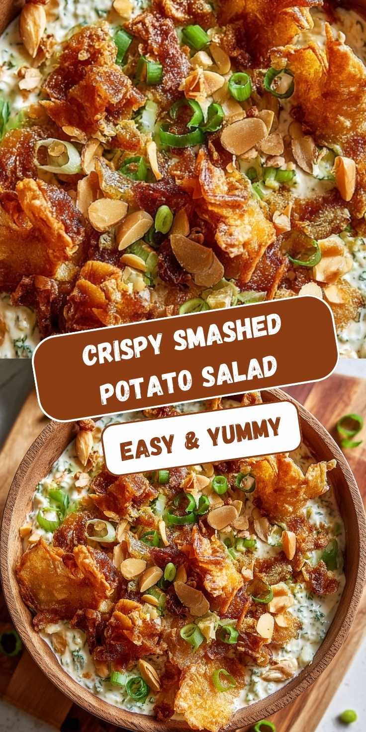 Crispy smashed potato salad in wooden bowl with golden crispy flattened potatoes, creamy herb dressing, crispy bacon pieces, sliced almonds, and fresh green onions on wooden board