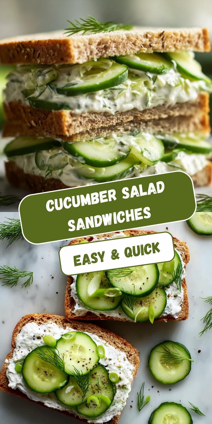 Cucumber salad sandwiches on whole wheat bread with herbed cream cheese spread, thin cucumber slices, fresh dill, and sliced green onions, arranged on a white marble surface