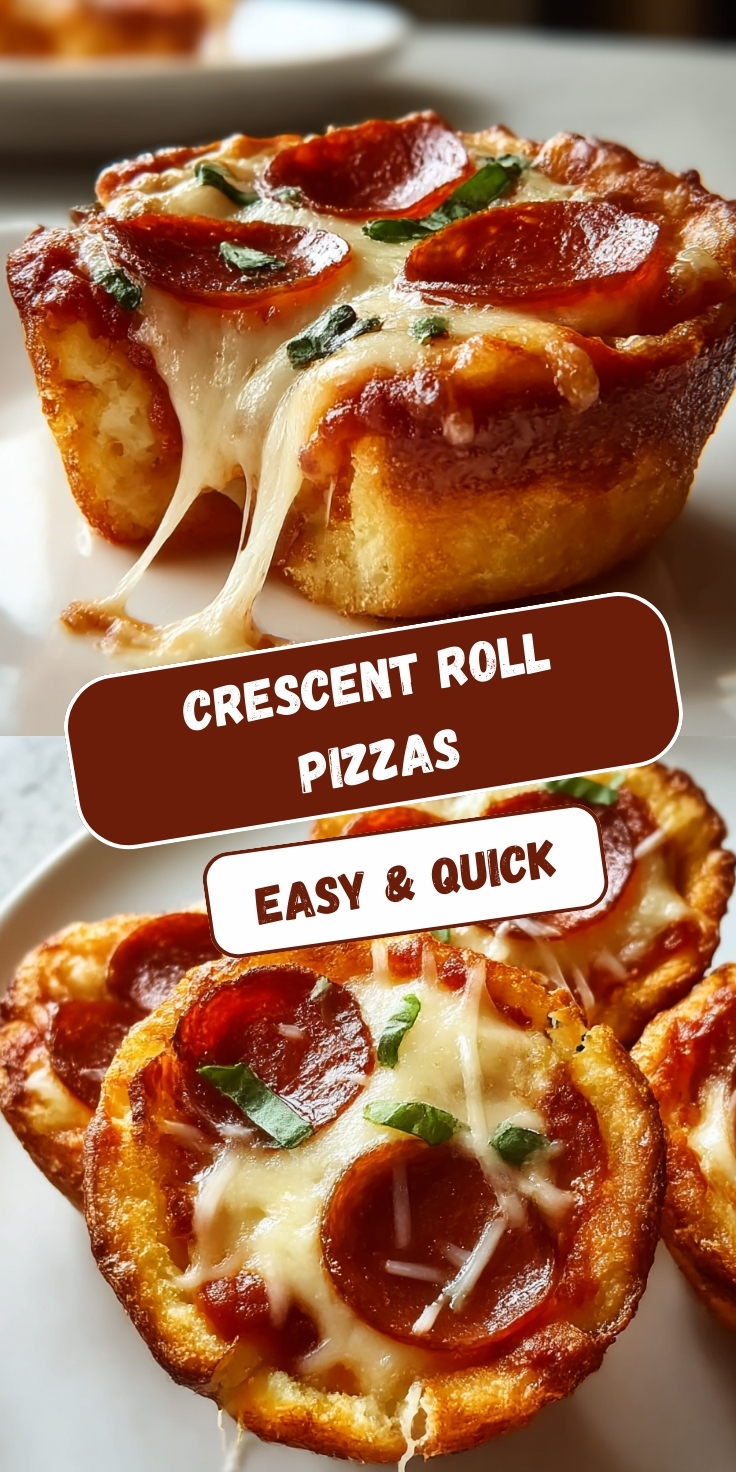 Mini deep-dish crescent roll pizzas topped with melted mozzarella, pepperoni, and basil, shown with stretchy cheese on a white plate, with overlaid text reading “Crescent Roll Pizzas” and “Easy & Quick.