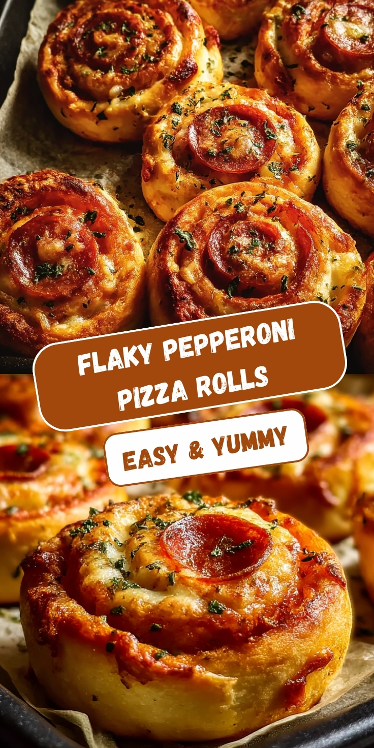 Flaky pepperoni pizza rolls on baking sheet with parchment paper, golden spiral pastries filled with melted mozzarella, marinara sauce, and pepperoni slices, garnished with Italian herbs, showing layered texture and caramelized edges
