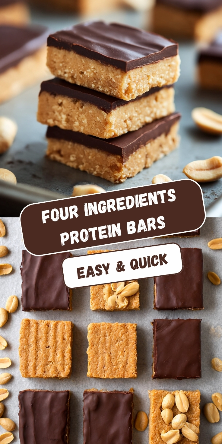 Homemade four-ingredient protein bars with peanut butter base and dark chocolate topping, stacked and arranged on parchment paper with scattered peanuts, showing textured golden bars partially covered in smooth chocolate coating