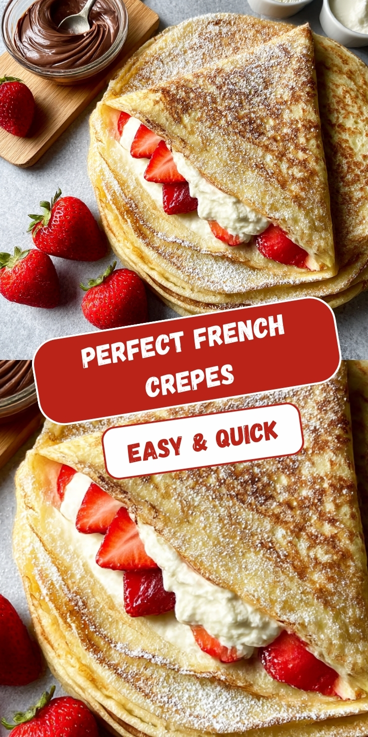French crepes dusted with powdered sugar, folded and filled with whipped cream and fresh sliced strawberries, arranged on a white surface with whole strawberries and a bowl of chocolate spread nearby