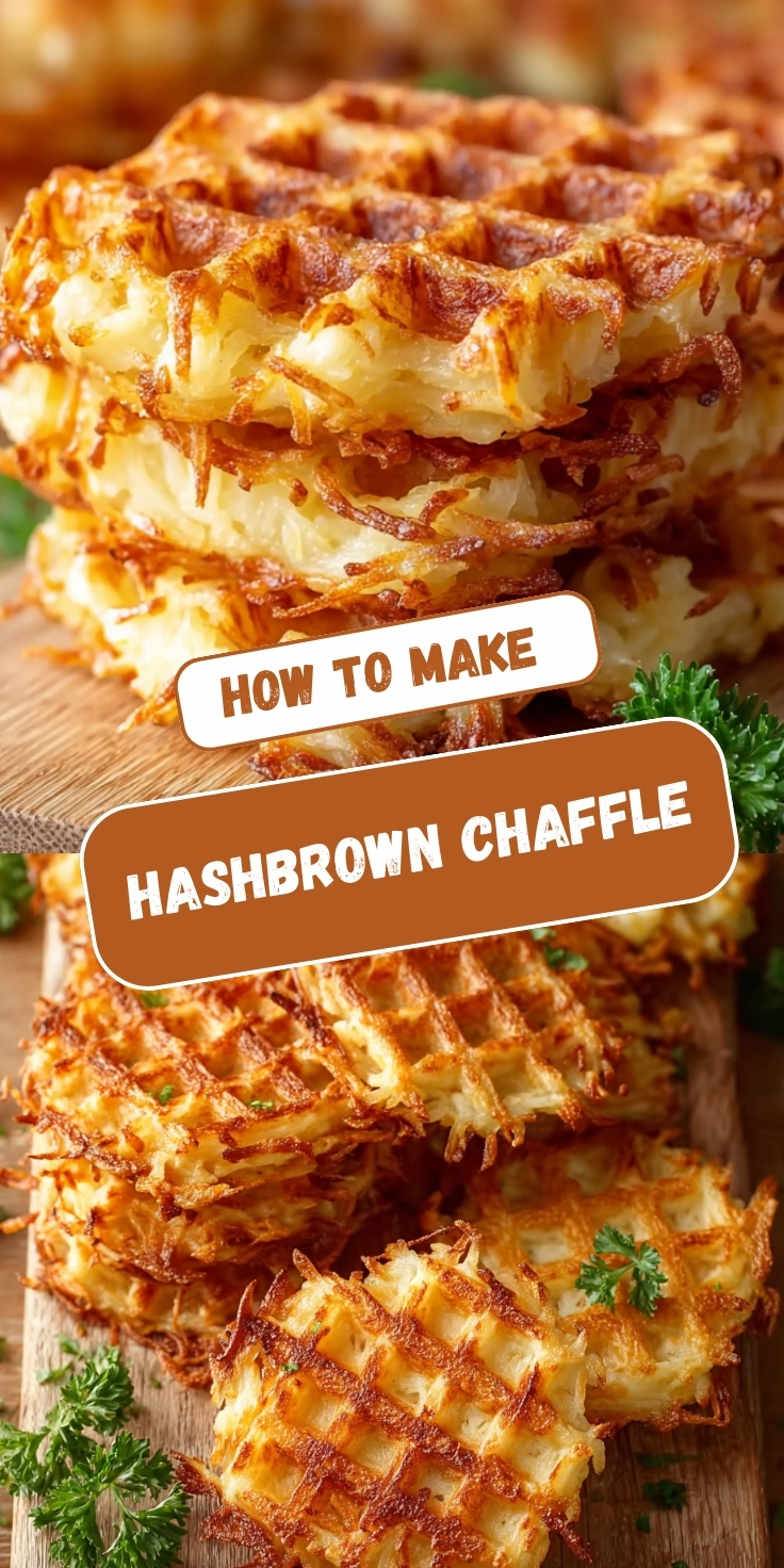 A vertical split-screen graphic showing two photos of golden, crispy hashbrowns cooked into waffle shapes, stacked and spread on a wooden cutting board with fresh parsley. The center features a text overlay with a white banner reading "HOW TO MAKE" sitting above a brown banner reading "HASHBROWN CHAFFLE".