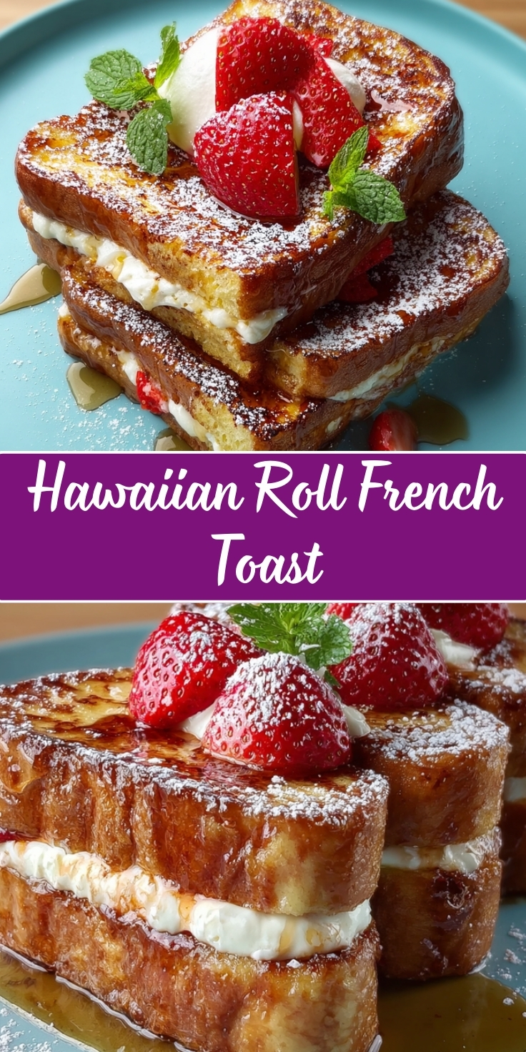 Hawaiian Roll French Toast stacked on a turquoise plate, featuring golden-brown sweet Hawaiian rolls filled with cream cheese, topped with powdered sugar, fresh strawberries, fresh mint leaves, and drizzled with maple syrup