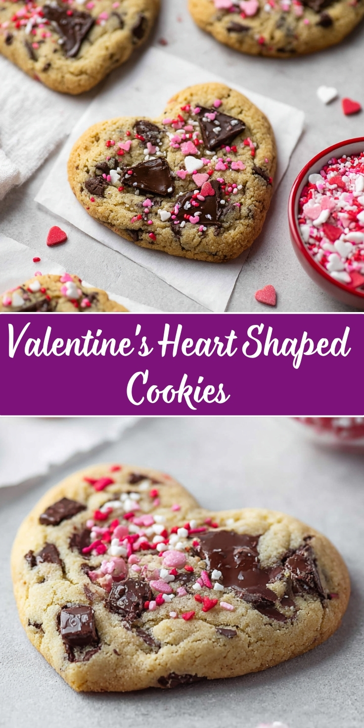 Valentine's Day Heart Shaped Chocolate Chip Cookies in a two-photo Pinterest collage. Top image shows a flat-lay overhead view of heart-shaped chocolate chunk cookies on parchment paper, decorated with pink, red, and white heart-shaped sprinkles, with a red bowl of assorted Valentine sprinkles nearby. Bottom image is a close-up angled shot of a single heart-shaped cookie showcasing melted dark chocolate chunks and colorful heart sprinkles. A purple banner with white script text reading 'Valentine's Heart Shaped Cookies' separates the two photos.