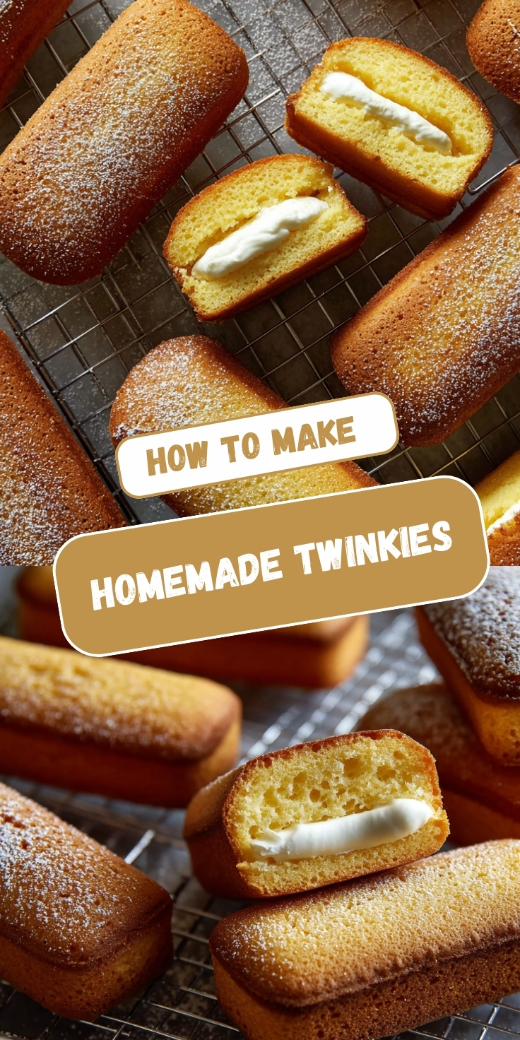 Homemade Twinkies on cooling racks, showing golden sponge cakes dusted with powdered sugar, some cut in half to reveal fluffy white cream filling inside the light and airy yellow cake