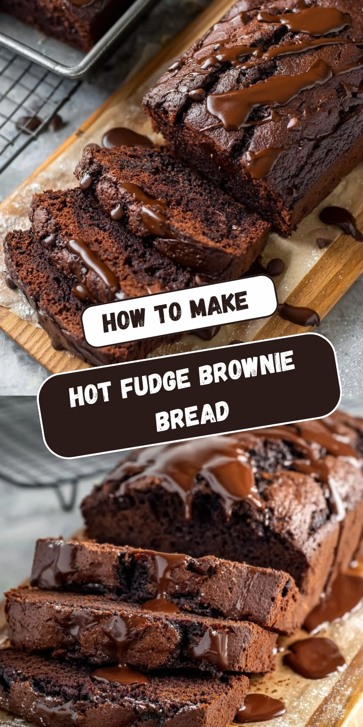 Hot fudge brownie bread shown in multiple loaves, sliced on wooden cutting boards with parchment paper, featuring fudgy dark chocolate crumb packed with chocolate chips, drizzled with warm chocolate fudge sauce, scattered chocolate chips, cooling racks in background