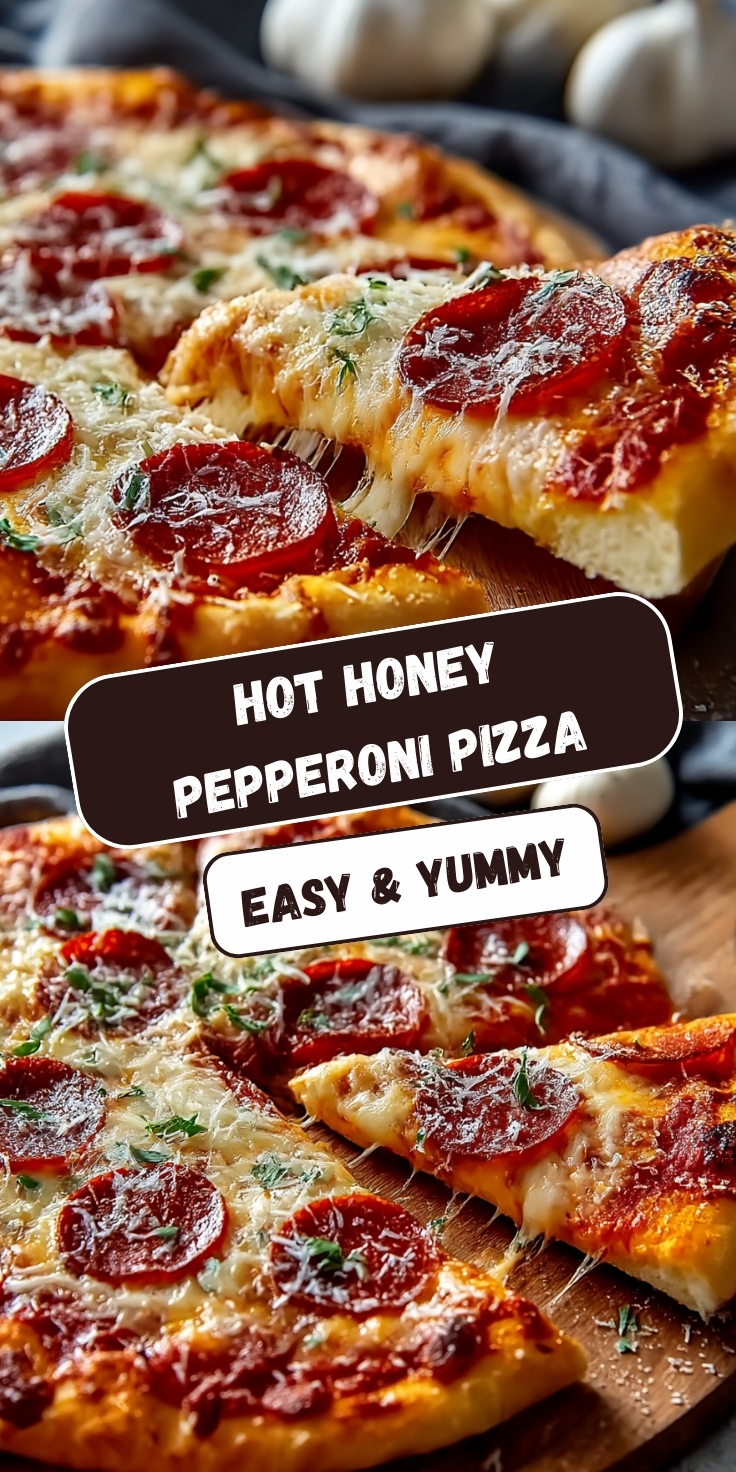 Hot honey pepperoni pizza with slice being pulled away showing melted mozzarella cheese stretch, topped with honey-glazed pepperoni, fresh basil, and grated Parmesan on golden crust, dark kitchen towel and fresh garlic in soft-focus background